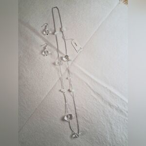 NWT J.Jill Necklace Pierced Earring Set Semi Precious Clear And Silver